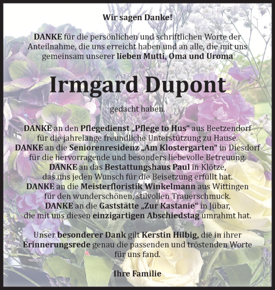 Traueranzeige von Irmgard Dupont von Volksstimme Altmark West