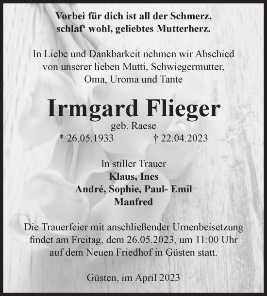 Traueranzeige von Irmgard Flieger von Mitteldeutsche Zeitung