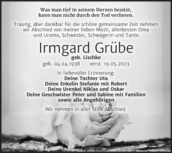 Traueranzeige von Irmgard Grübe von Trauerkombi Weißenfels