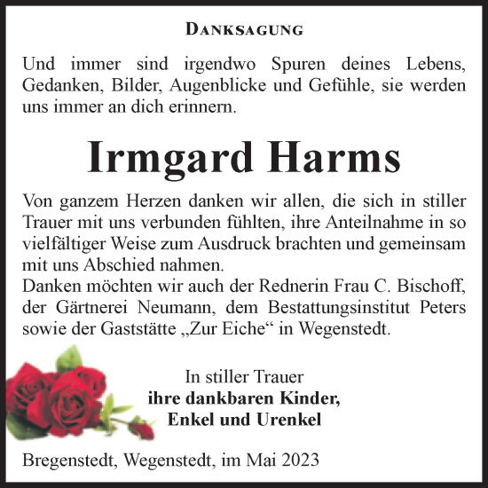 Traueranzeige von Irmgard Harms von Volksstimme Haldensleben/Wolmirstedt