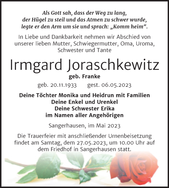 Traueranzeige von Irmgard Joraschkewitz von Trauerkombi Sangerhausen