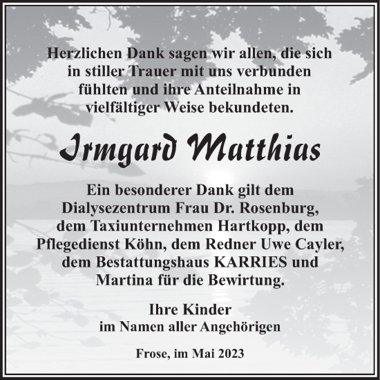 Traueranzeige von Irmgard Matthias von Trauerkombi Aschersleben