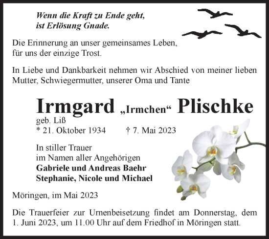 Traueranzeige von Irmgard Plischke von Volksstimme Altmark Ost