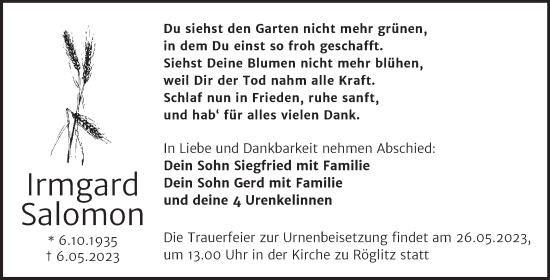 Traueranzeige von Irmgard Salomon von Trauerkombi Merseburg