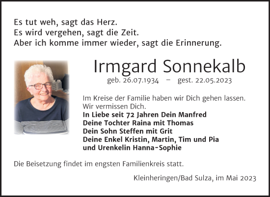 Traueranzeige von Irmgard Sonnekalb von Wochenspiegel Naumburg/Nebra