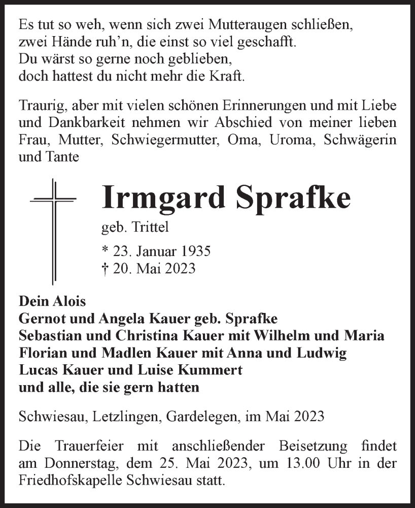  Traueranzeige für Irmgard Sprafke vom 23.05.2023 aus Volksstimme Altmark West