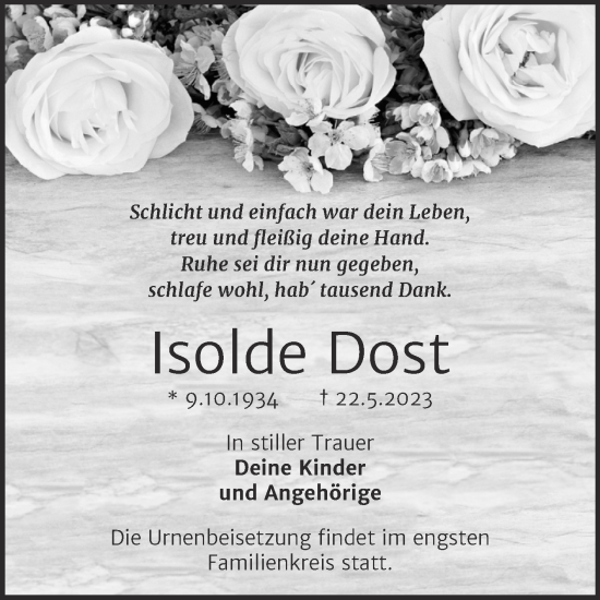 Traueranzeige von Isolde Dost von Trauerkombi Köthen