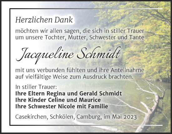 Traueranzeige von Jacqueline Schmidt von Wochenspiegel Naumburg/Nebra