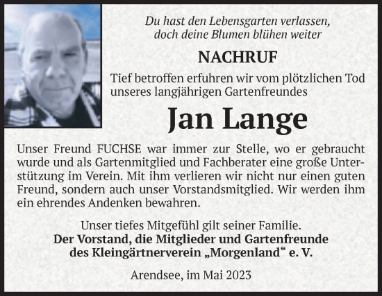 Traueranzeige von Jan Lange von Volksstimme Altmark West