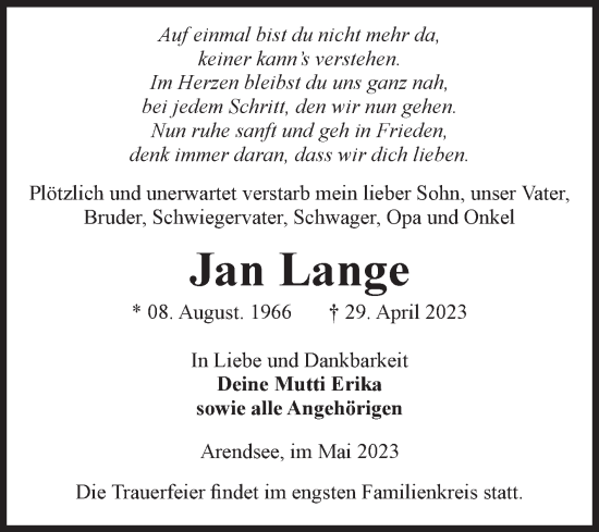 Traueranzeige von Jan Lange von Volksstimme Altmark West