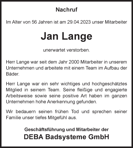 Traueranzeige von Jan Lange von Volksstimme Altmark West