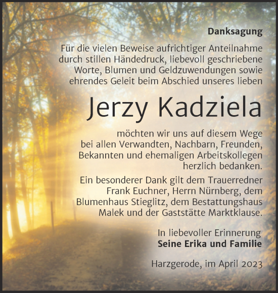 Traueranzeige von Jerzy Kadziela von Trauerkombi Quedlinburg