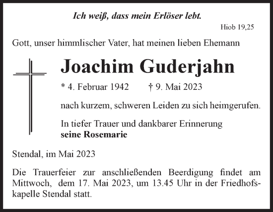 Traueranzeige von Joachim Guderjahn von Volksstimme Altmark Ost