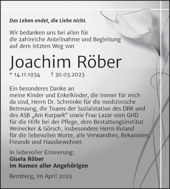 Traueranzeige von Joachim Röber von Super Sonntag Bernburg