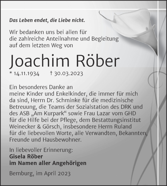 Traueranzeige von Joachim Röber von Trauerkombi Bernburg