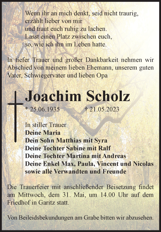 Traueranzeige von Joachim Scholz von Volksstimme Zerbst