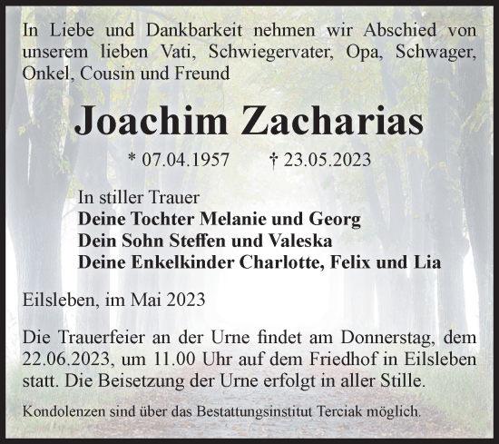 Traueranzeige von Joachim Zacharias von Volksstimme Oschersleben/Wanzleben