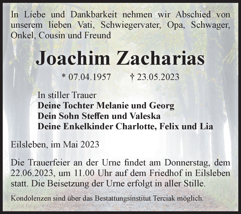 Traueranzeige für Joachim Zacharias vom 27.05.2023 aus Volksstimme Oschersleben/Wanzleben