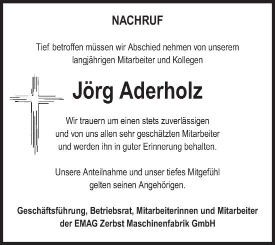 Traueranzeige von Jörg Aderholz von Volksstimme Zerbst