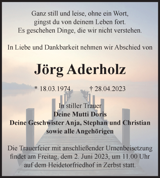 Traueranzeige von Jörg Aderholz von Volksstimme Zerbst