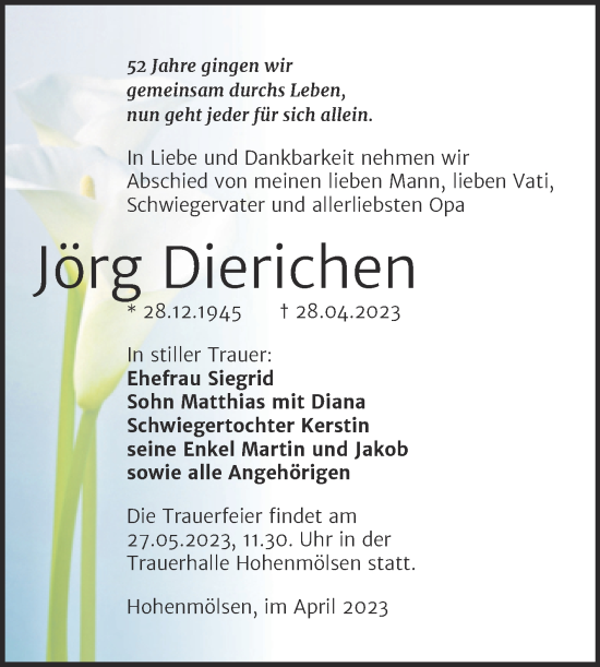Traueranzeige von Jörg Dierichen von Trauerkombi Weißenfels