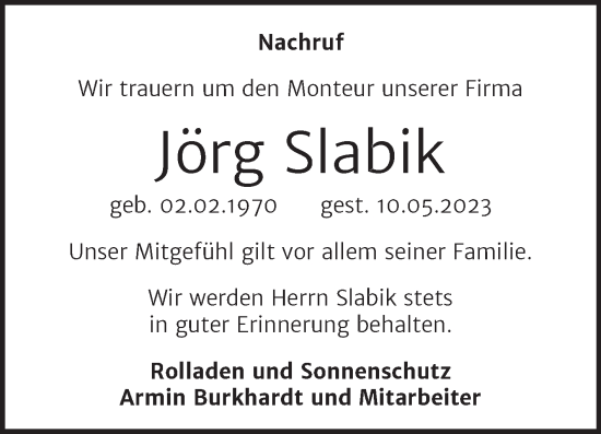 Traueranzeige von Jörg Slabik von Wochenspiegel Naumburg/Nebra