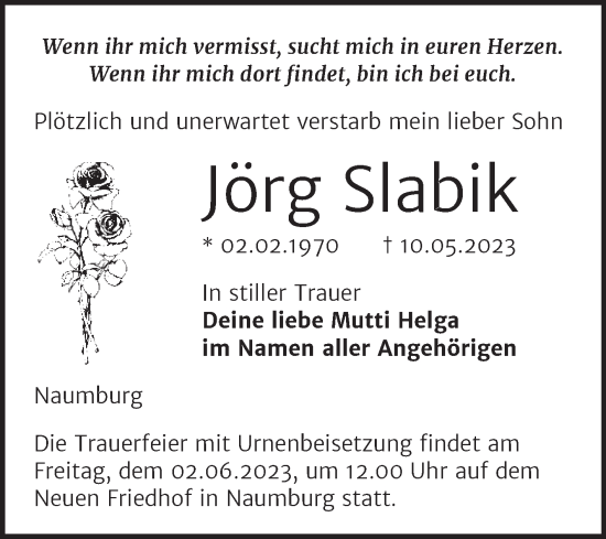 Traueranzeige von Jörg Slabik von Wochenspiegel Naumburg/Nebra