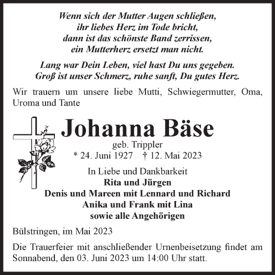 Traueranzeige von Johanna Bäse von Volksstimme Haldensleben/Wolmirstedt