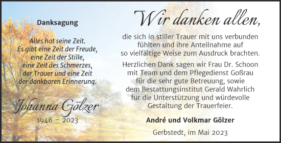 Traueranzeige von Johanna Gölzer von Trauerkombi Mansfelder Land