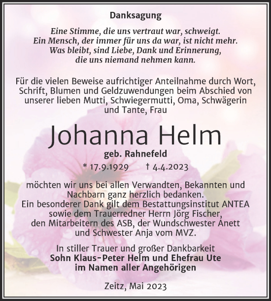 Traueranzeige von Johanna Helm von Trauerkombi Zeitz