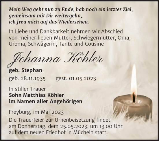 Traueranzeige von Johanna Köhler von Trauerkombi Merseburg