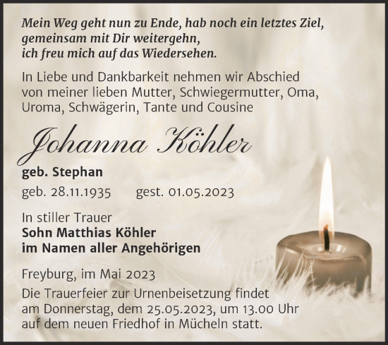 Traueranzeige von Johanna Köhler von Super Sonntag Naumburg/Nebra