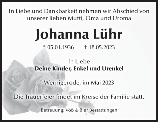 Traueranzeige von Johanna Lühr von Volksstimme Wernigerode
