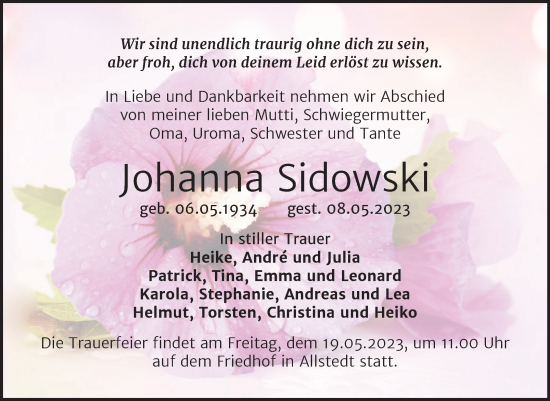 Traueranzeige von Johanna Sidowski von Trauerkombi Sangerhausen
