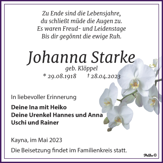 Traueranzeige von Johanna Starke von Trauerkombi Zeitz