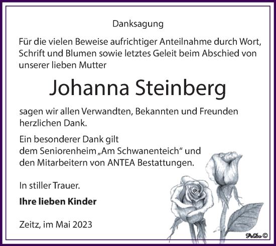 Traueranzeige von Johanna Steinberg von Trauerkombi Zeitz