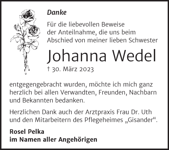Traueranzeige von Johanna Wedel von Trauerkombi Bitterfeld