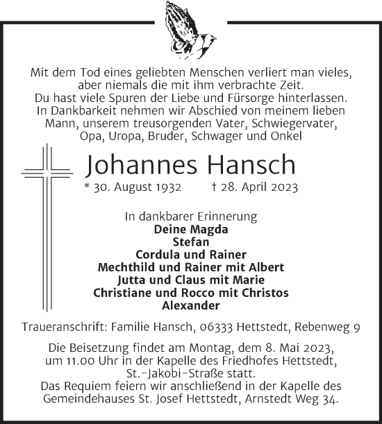 Traueranzeige von Johannes Hansch von Mitteldeutsche Zeitung Mansfelder Land