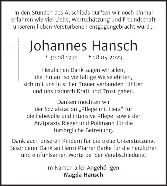 Traueranzeige von Johannes Hansch von Mitteldeutsche Zeitung Mansfelder Land