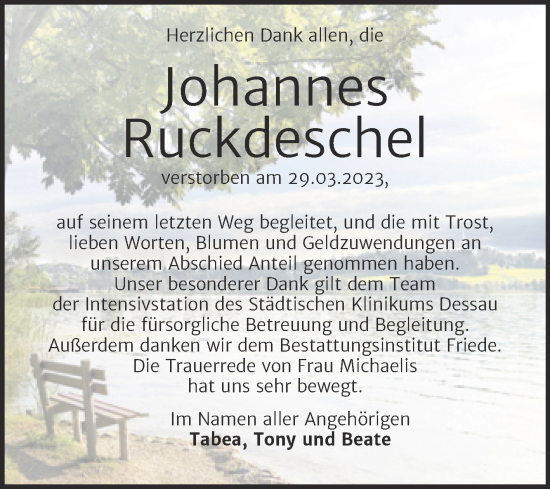 Traueranzeige von Johannes Ruckdeschel von Trauerkombi Dessau
