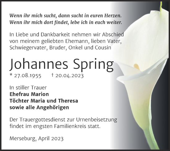 Traueranzeige von Johannes Spring von Trauerkombi Merseburg