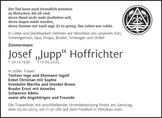 Traueranzeige von Josef Hoffrichter von Trauerkombi Bernburg