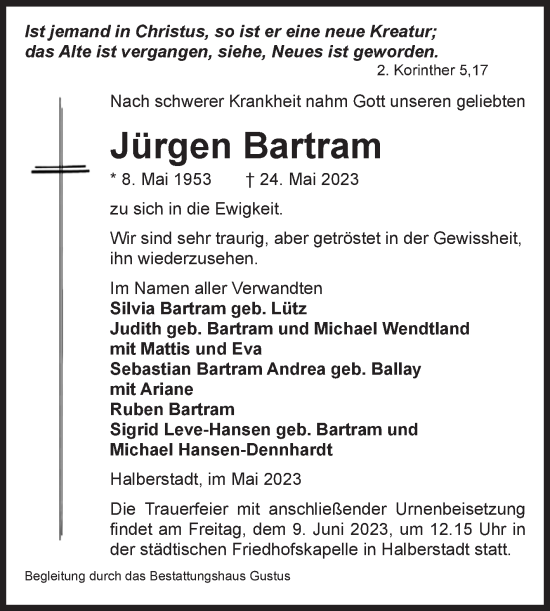 Traueranzeige von Jürgen Bartram von Volksstimme Halberstadt