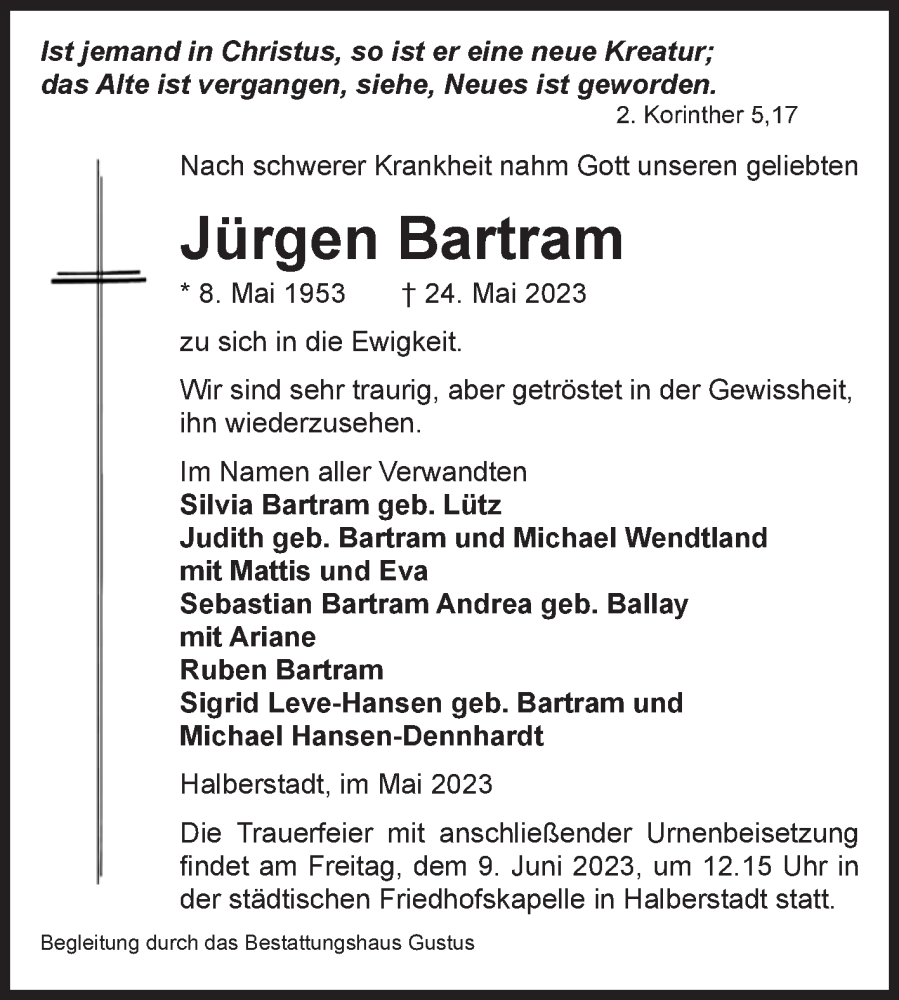  Traueranzeige für Jürgen Bartram vom 27.05.2023 aus Volksstimme Halberstadt