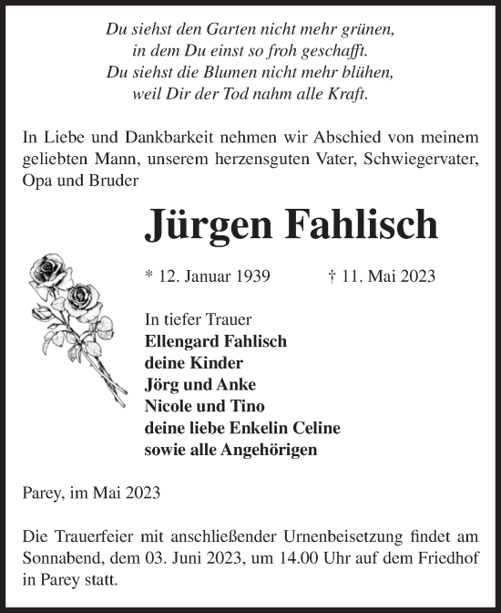 Traueranzeige von Jürgen Fahlisch von Volksstimme Burg/Genthin