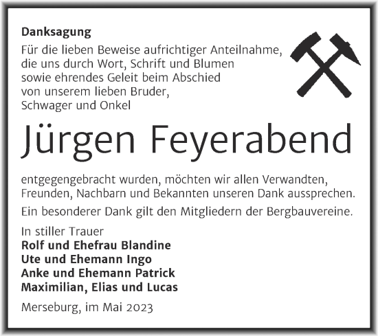 Traueranzeige von Jürgen Feyerabend von Trauerkombi Merseburg