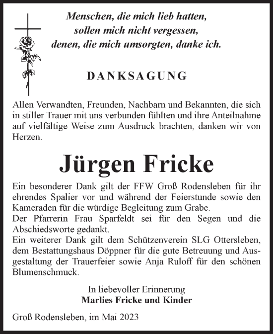 Traueranzeige von Jürgen Fricke von Volksstimme Oschersleben/Wanzleben