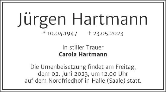 Traueranzeige von Jürgen Hartmann von Mitteldeutsche Zeitung Halle/Saalkreis