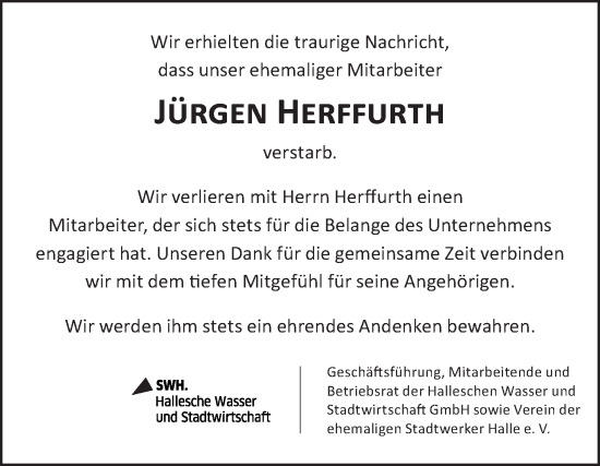 Traueranzeige von Jürgen Herffurth von Mitteldeutsche Zeitung Halle/Saalkreis