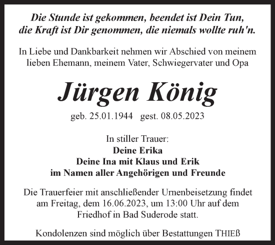 Traueranzeige von Jürgen König von Trauerkombi Quedlinburg